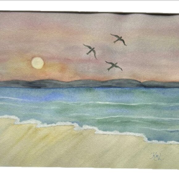 Sunrise Beach Ocean Landscape Blue Seashore Sea Original Art 11x14 and Mat 16x20 - Picture 1 of 3
